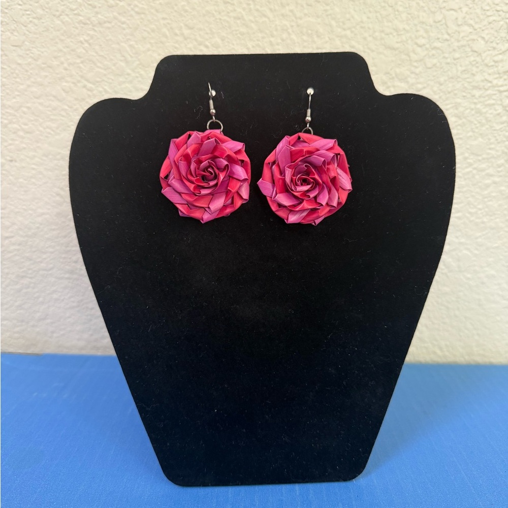 Artesanal Pink Floral Rose Drop Earrings